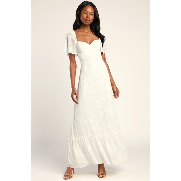 Lulus NWOT Tailor Made For You White Jacquard Lace-Up Burnout Floral Maxi Dress - Picture 1 of 11